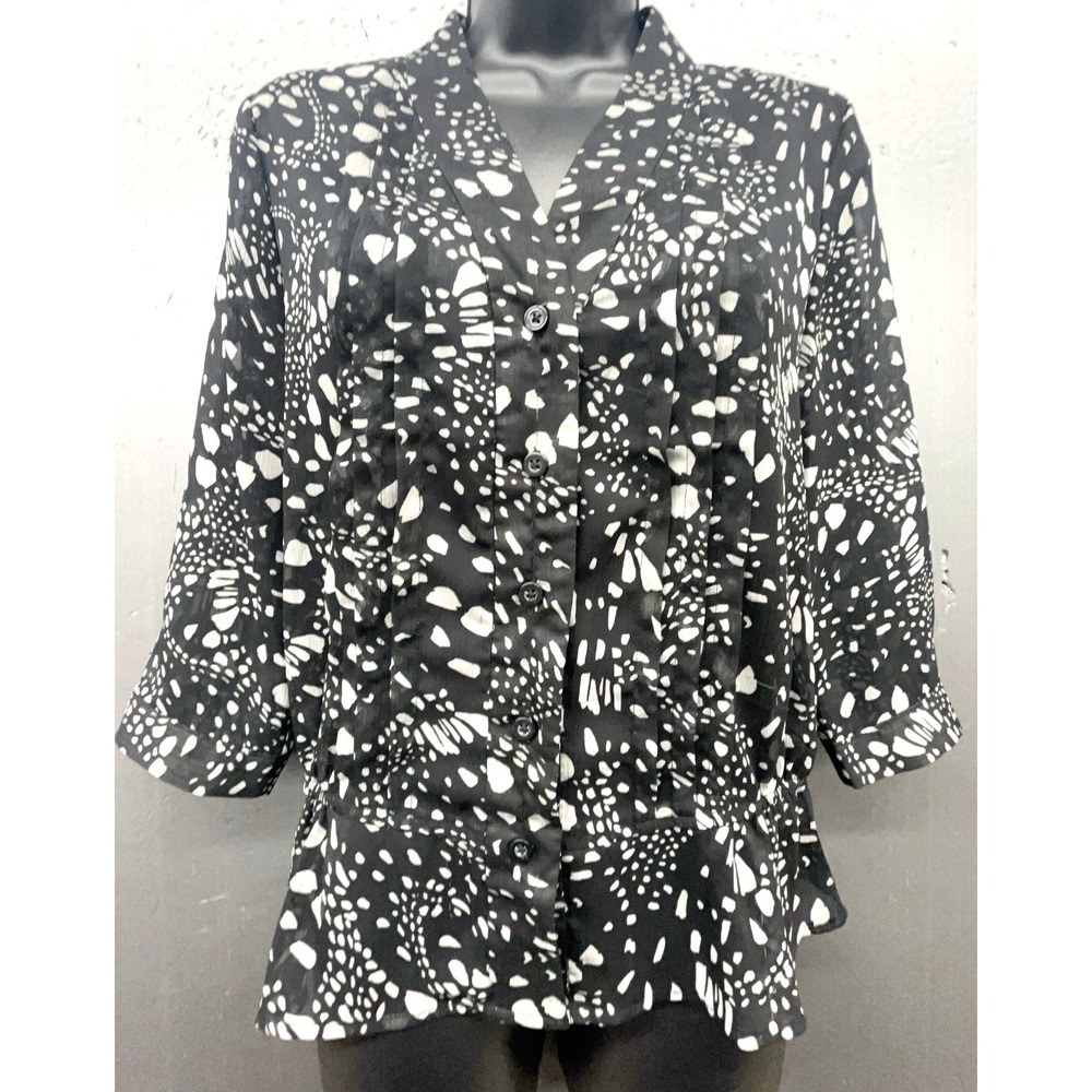 Gap Top XS Black Gray Sheer Button Up V Neck Lightweight Preppy‎ Artsy Blouse